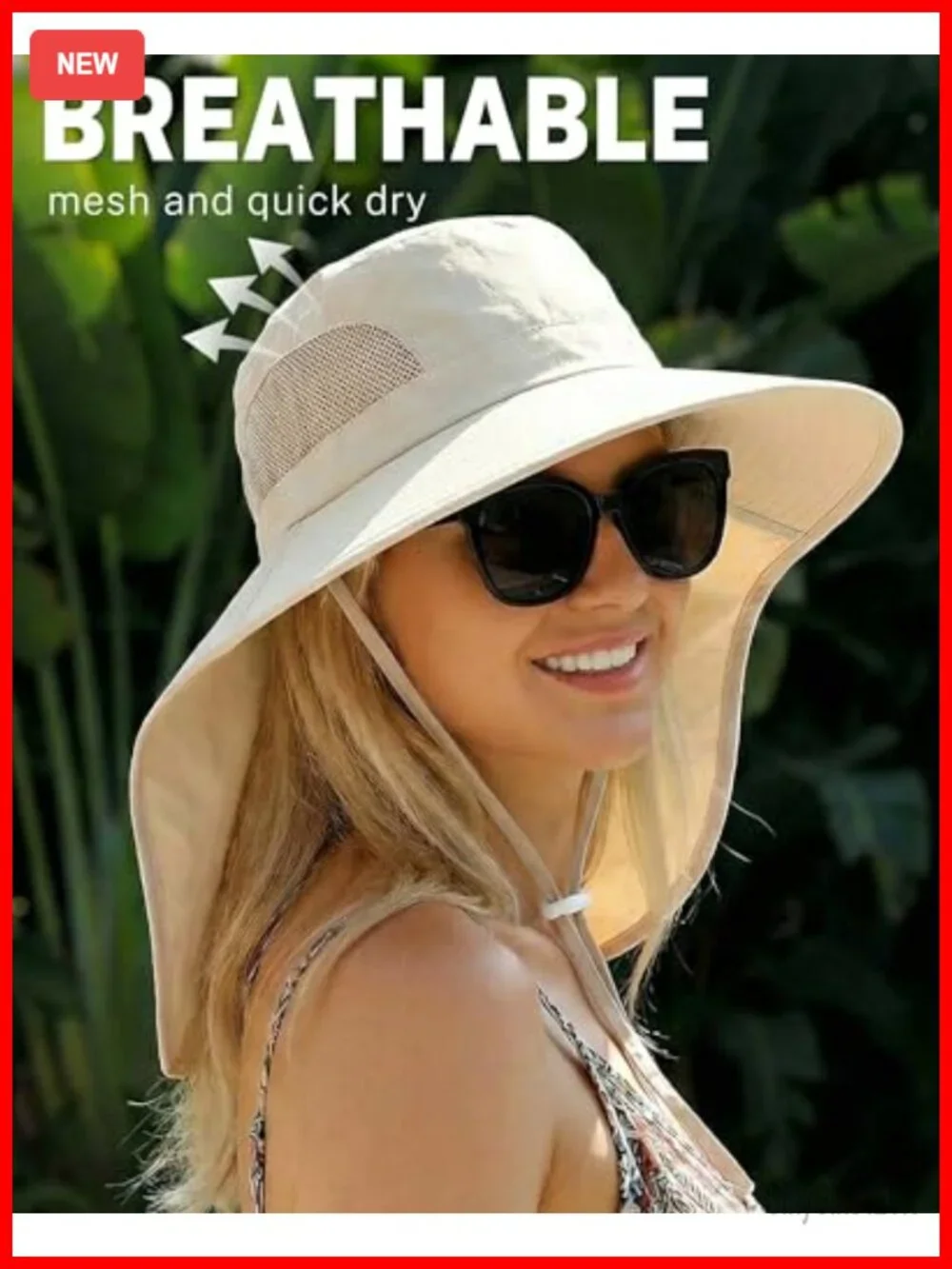 Wide Brim Bucket Hat with Ponytail Hole & Neck Cover, Upf 50+